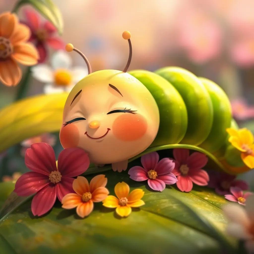Clara the caterpillar closing her eyes, resting on her favorite leaf, surrounded by colorful flowers, with a dreamy expression, illustration, warm light, fantasy, high quality