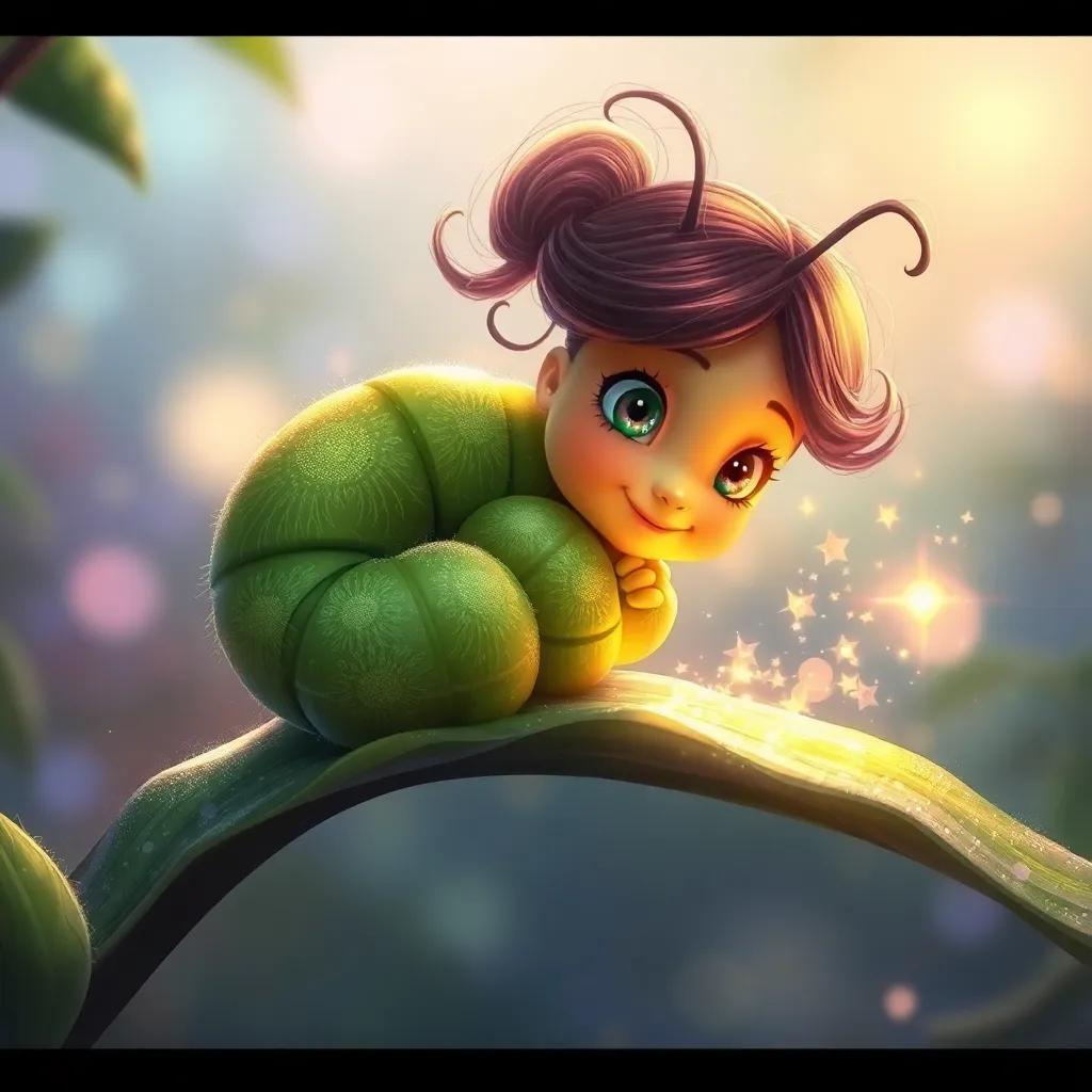 A magical transformation scene showing Clara, the caterpillar, curled up on the leaf, surrounded by sparkles and light, indicating a change is about to happen, digital painting, soft colors, enchanting atmosphere, high quality