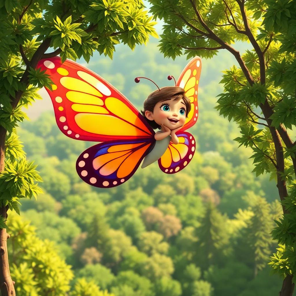 Clara the butterfly with vibrant, colorful wings, soaring high above the trees, looking down with joy at the forest below, illustration, bright sunlight, uplifting mood, high quality