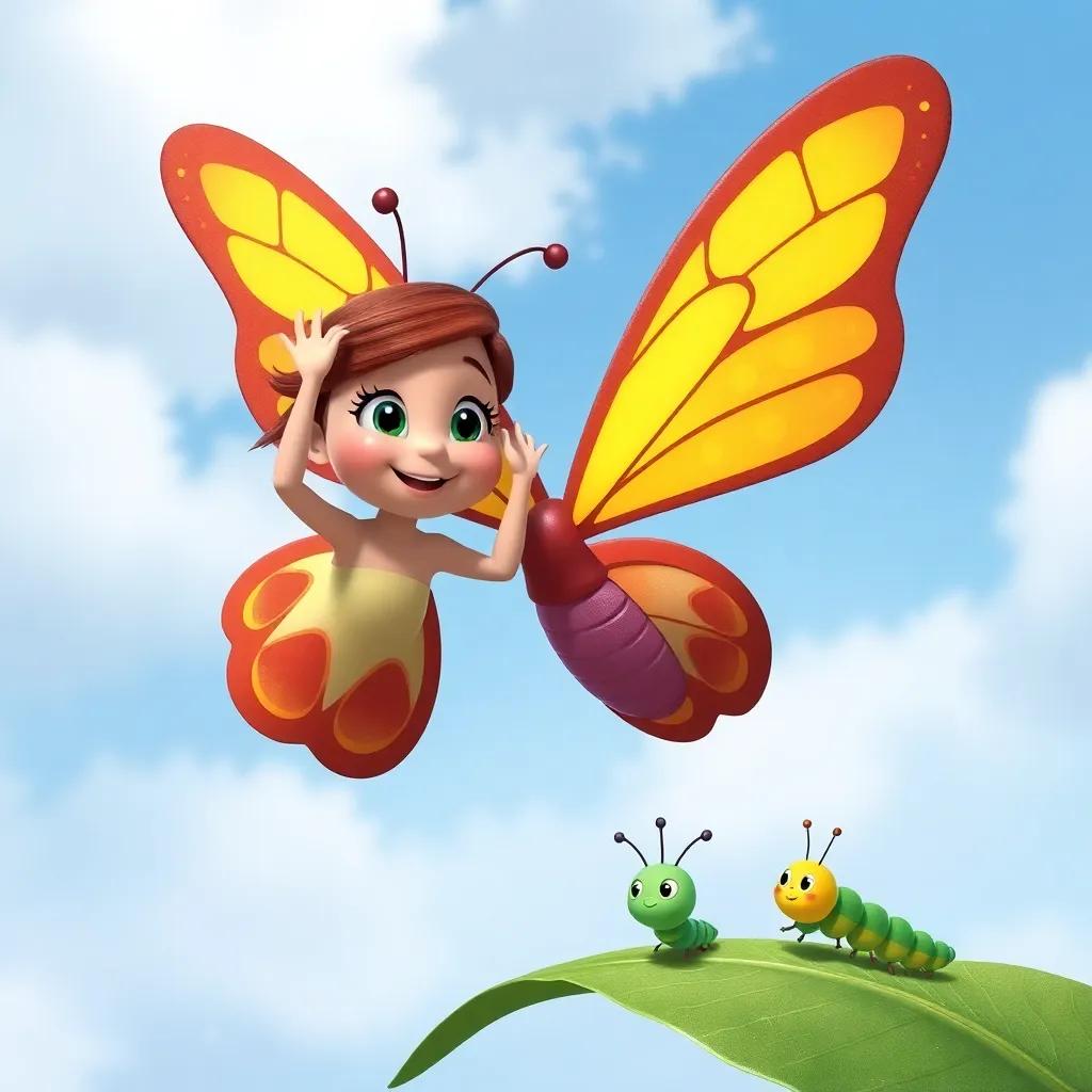 Clara the butterfly, flying gracefully in the sky, waving to a young caterpillar on a leaf, encouraging the caterpillar with a friendly smile, cheerful, colorful, joyful scene, high quality