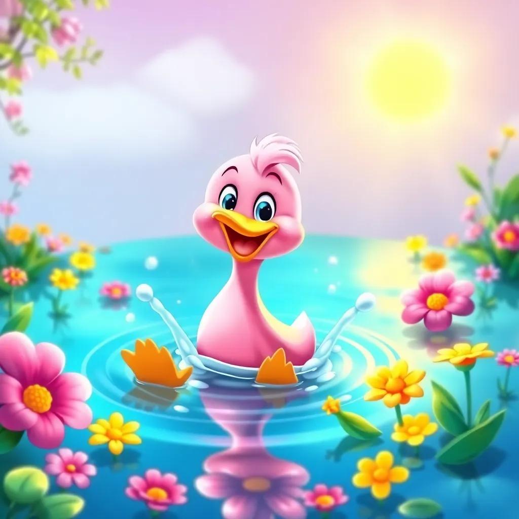 A playful pink duck named Rosa, joyfully splashing in a magical pond surrounded by colorful flowers and a shining sun, vibrant colors, cheerful atmosphere, cartoon style, child-friendly