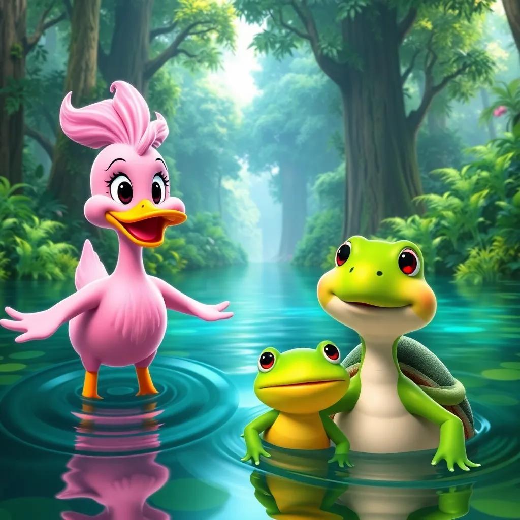 Rosa the pink duck and her friends, a green frog named Mario and a turtle named Lalla, excitedly swimming towards a lush forest, bright colors, adventure-themed, friendly features, animated style