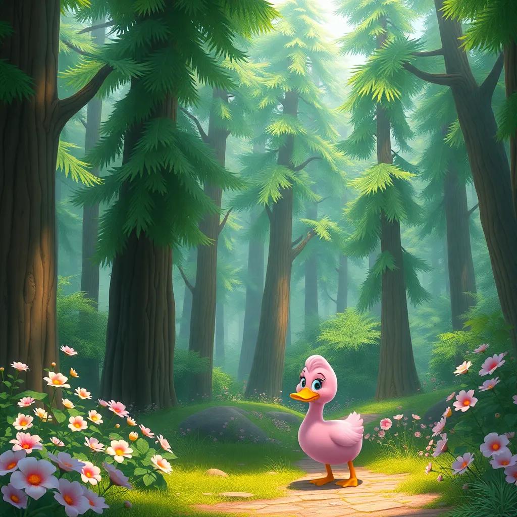 A beautiful enchanted forest with tall green trees and blooming flowers, with Rosa the pink duck exploring, vibrant colors, whimsical atmosphere, fantasy art style