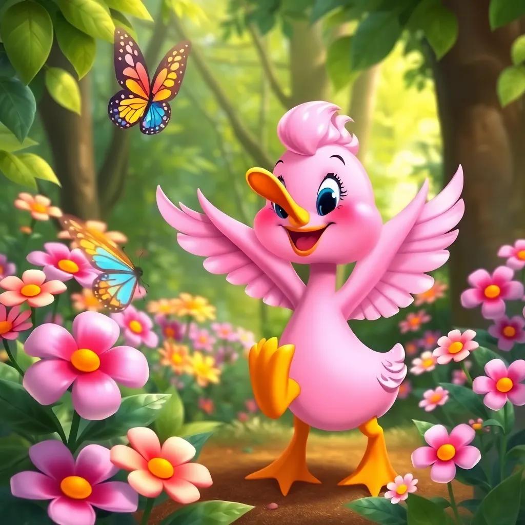 Rosa the pink duck chasing a colorful butterfly in the forest, her expression full of joy, surrounded by lush green foliage and bright flowers, cute and cheerful illustration, child-friendly