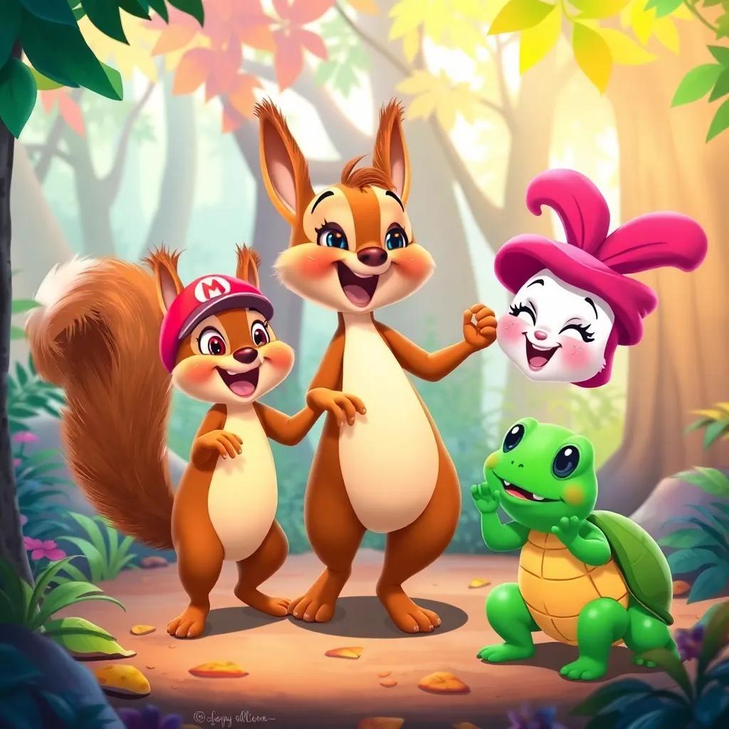 A friendly squirrel dancing around Rosa, Mario the frog, and Lalla the turtle in the forest, filled with laughter and happy expressions, colorful, lively scene, cartoon style