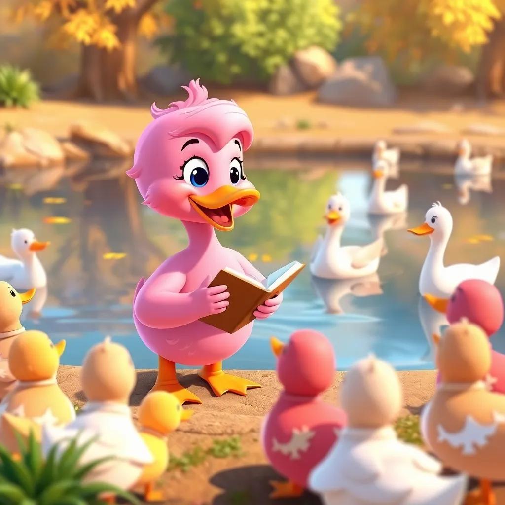 Rosa the pink duck and her friends happily sharing their adventure stories with the other ducks at the pond, warm colors, joyful gathering, heartwarming atmosphere