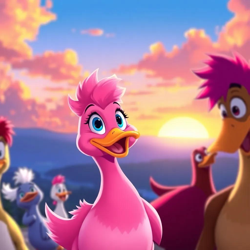 Rosa the pink duck looking bright and excited under the sunset, her friends by her side, a magical horizon in the background, uplifting scene, vibrant illustration