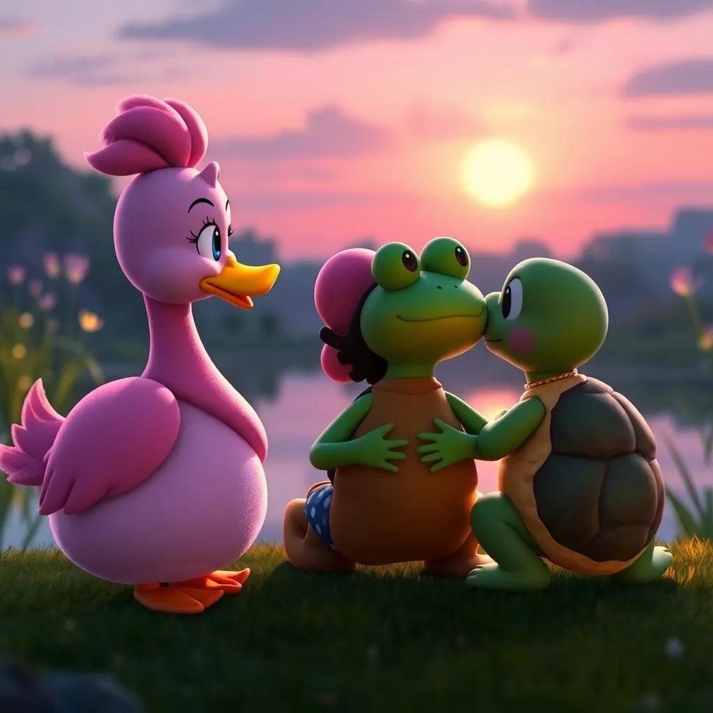 Rosa the pink duck, Mario the frog, and Lalla the turtle sharing a comforting moment overlooking the pond at dusk, warm glowing light, cozy atmosphere, delightful artwork