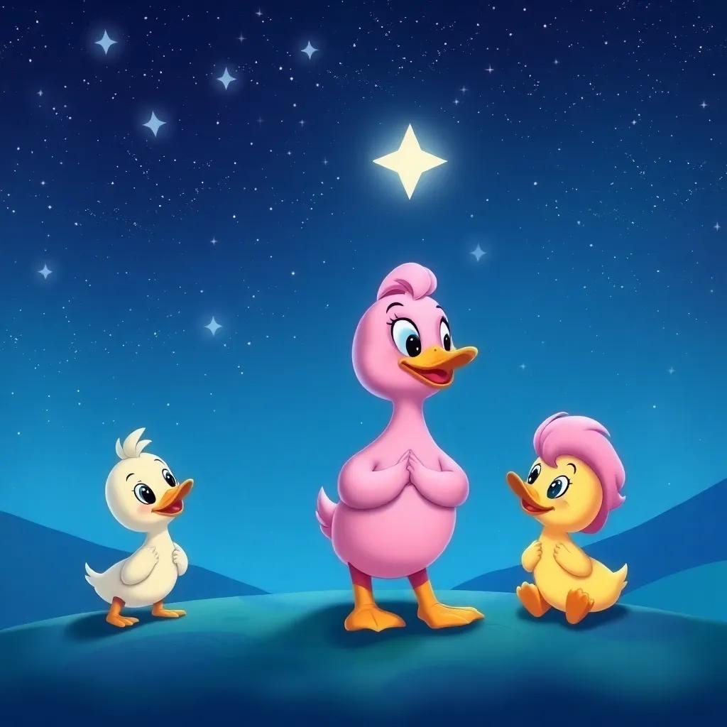 Rosa the pink duck and her friends under a starry sky, dreaming about their future adventures, magical scene, colorful and heartwarming, enchanting illustration