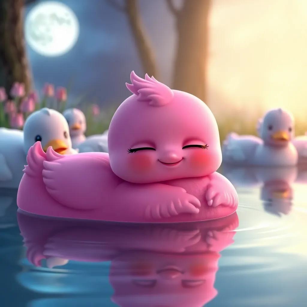 Rosa the pink duck peacefully sleeping with a smile, surrounded by her friends, a calm pond in the soft moonlight, soothing colors, sweet dream-like ambiance
