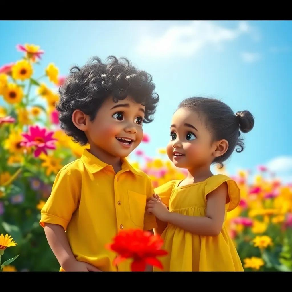 A young boy, Leo, with curly black hair and a yellow shirt, talking to a girl, Ana, with shiny eyes in a yellow dress, in a vibrant colorful flower garden with a bright blue sky, child-friendly, cheerful, energetic atmosphere, high quality