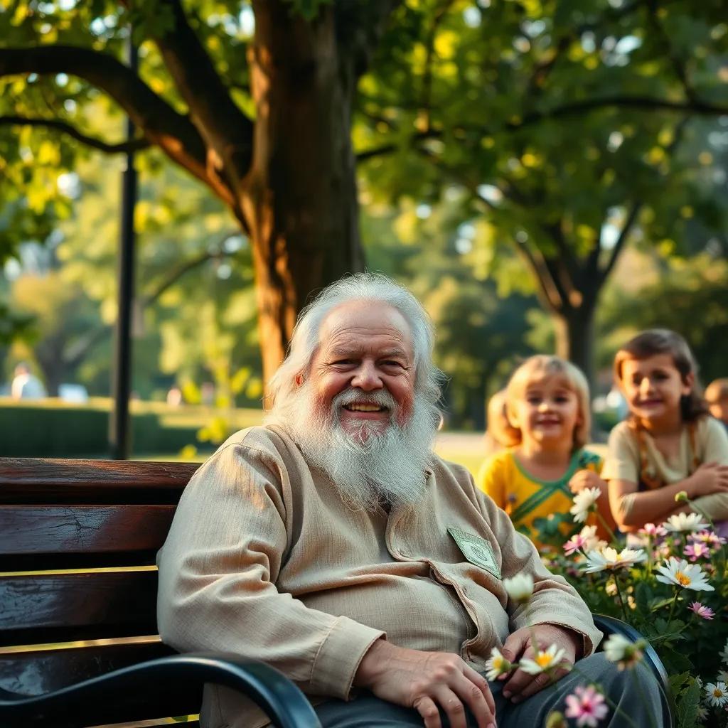 An elderly wise man with white hair and a beard, sitting comfortably on a park bench under the shade of a tree, smiling gently, surrounded by flowers and children laughing in the background, inviting ambiance, warm light, storytelling scene, high quality