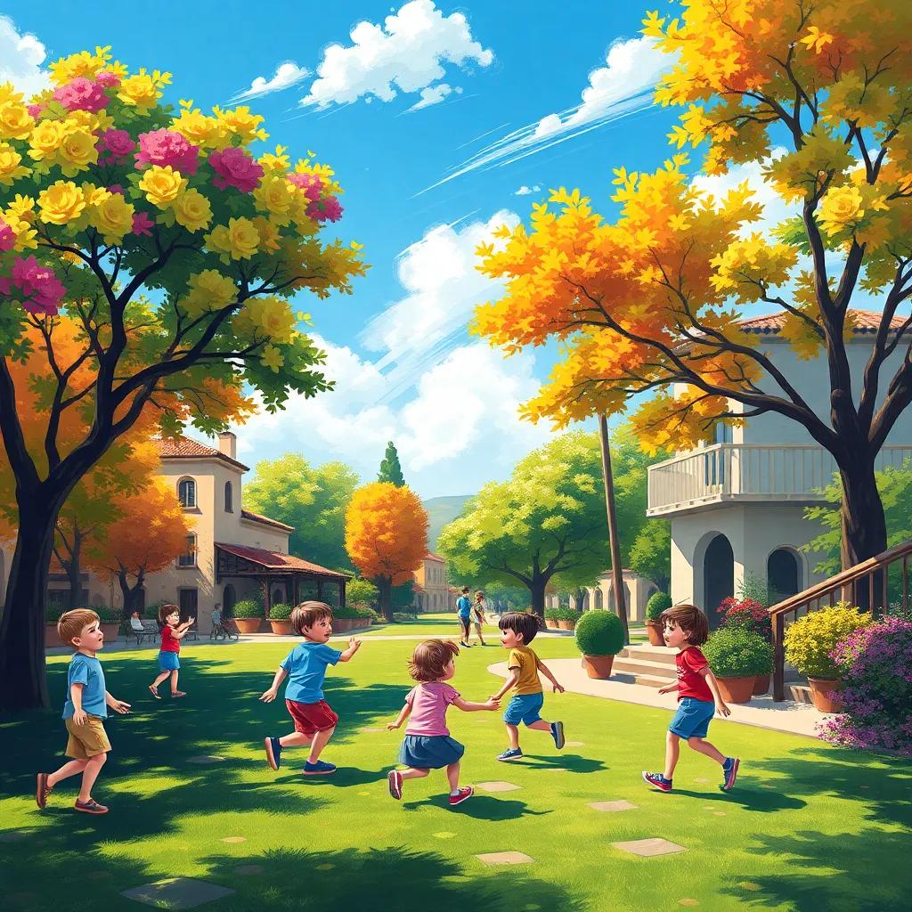 A sunny day in the village of Armonía with children playing in the park, colorful trees, happy expressions, digital art, vibrant colors, cheerful atmosphere, high quality