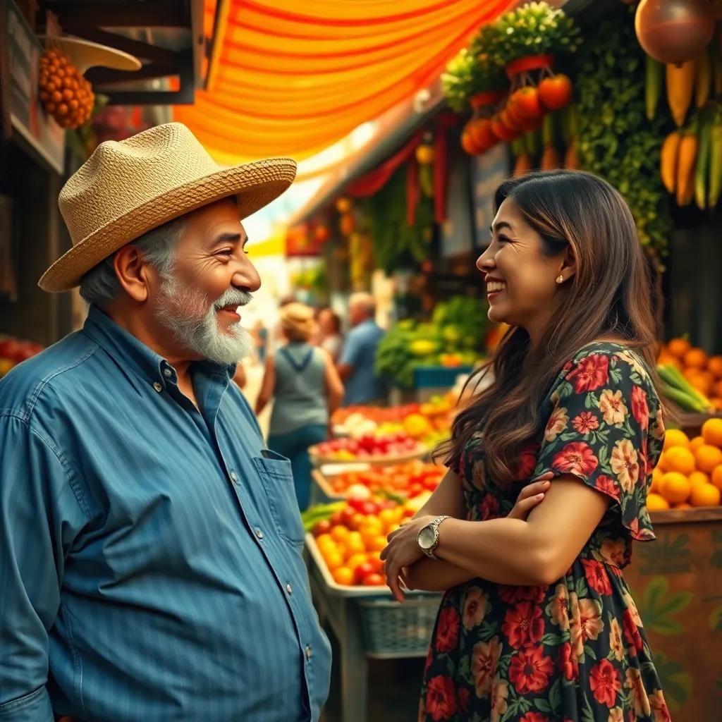Pedro, an older man with a straw hat, talking to Sofía, a woman with long hair wearing a floral dress, in a lively market filled with fresh produce, warm light, joyful scene, lively interactions, high quality