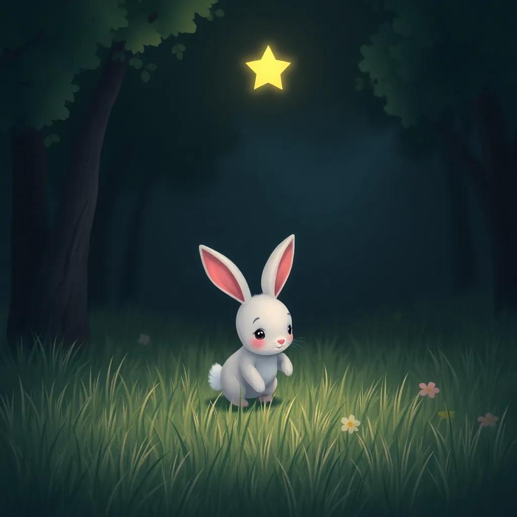 A small star, Lila, twinkling softly, above a cute little rabbit searching its way in a dark meadow, surrounded by trees and soft grass, digital illustration, enchanting, child-friendly, inviting light, detailed, playful