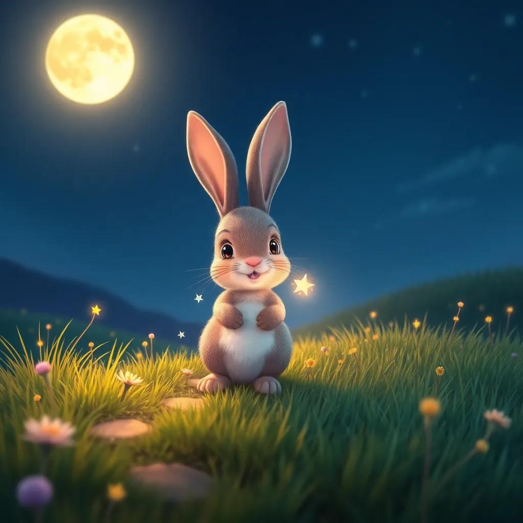Lila, the small twinkling star, illuminating the path for the rabbit with delicate sparkles of light, in a moonlit night, magical landscape, cheerful and warm light, vibrant colors, heartwarming scene, high quality