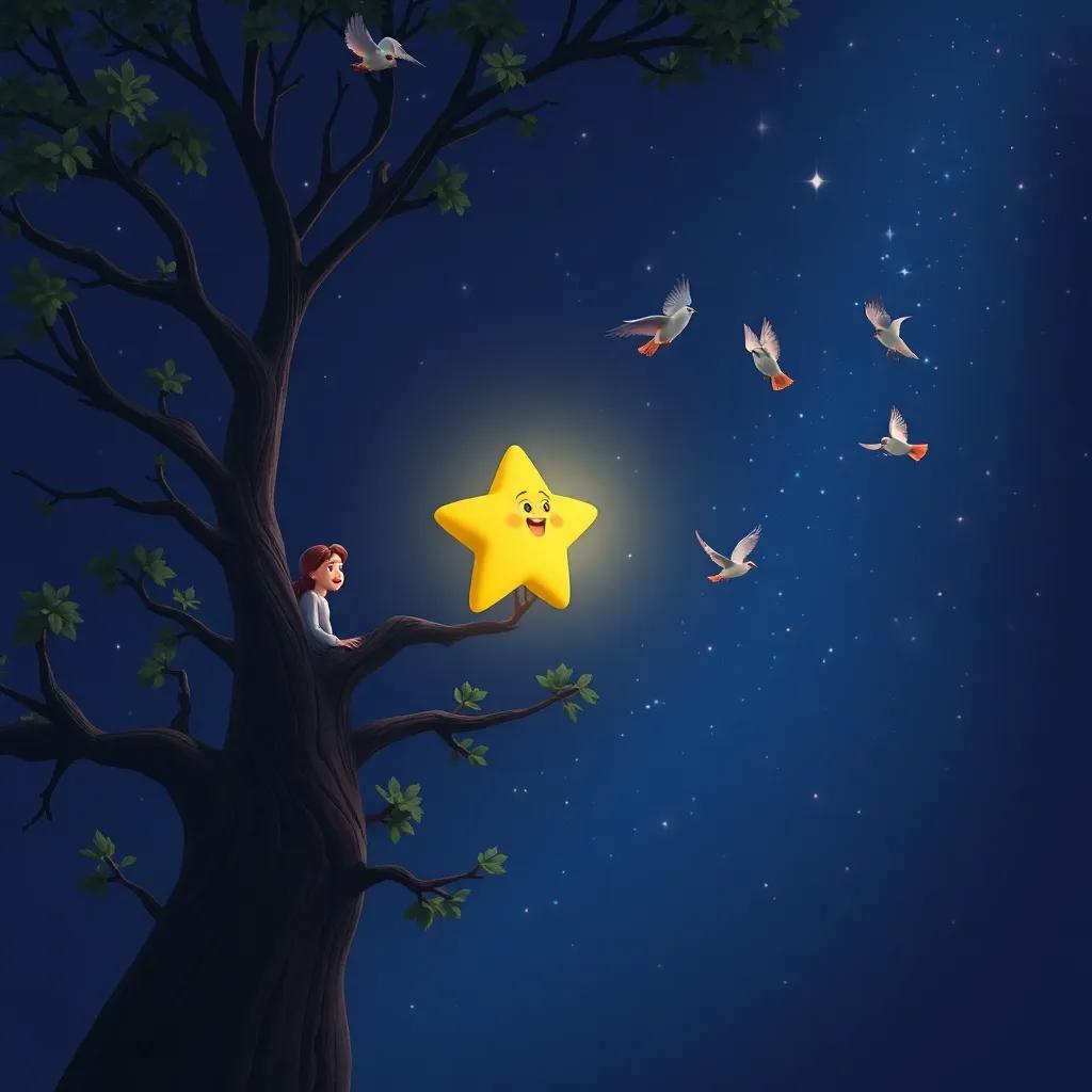 A small star, Lila, shining brightly as birds fly towards her light from a tree, under a dark sky filled with sparkling stars, digital art, joyful, cooperative scene, lively colors, storytelling focus, high quality