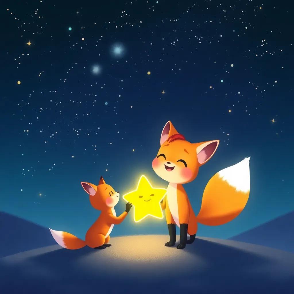 Lila, the small star, helping a fox find its way home under a starry sky, feeling happy and fulfilled, with glowing aura, illuminating the night, digital illustration, uplifting atmosphere, vibrant colors, charming scene, high quality