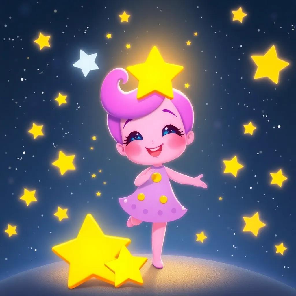 Lila, the small star, now bright and full of light, surrounded by other stars, shining happily in the night sky, sharing moments with her friends, cheerful vibe, magical atmosphere, sparkly background, high quality, whimsical scene