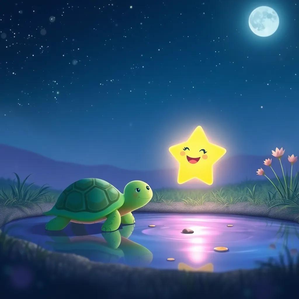 Lila, the now-bright star smiling, illuminating a turtle as it finds its way to a pond, with starry sky and soft moonlight, whimsical digital art, heartwarming scene, vibrant colors, child-friendly view, high quality