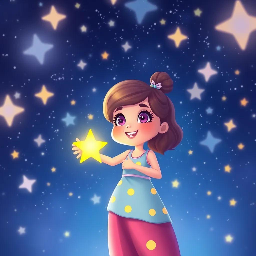 Lila, now a bright star, shining with all her friends in the night sky, creating a beautiful twinkling effect among the stars, joyful and magical night scene, vibrant colors, inviting atmosphere, detailed illustration, high quality