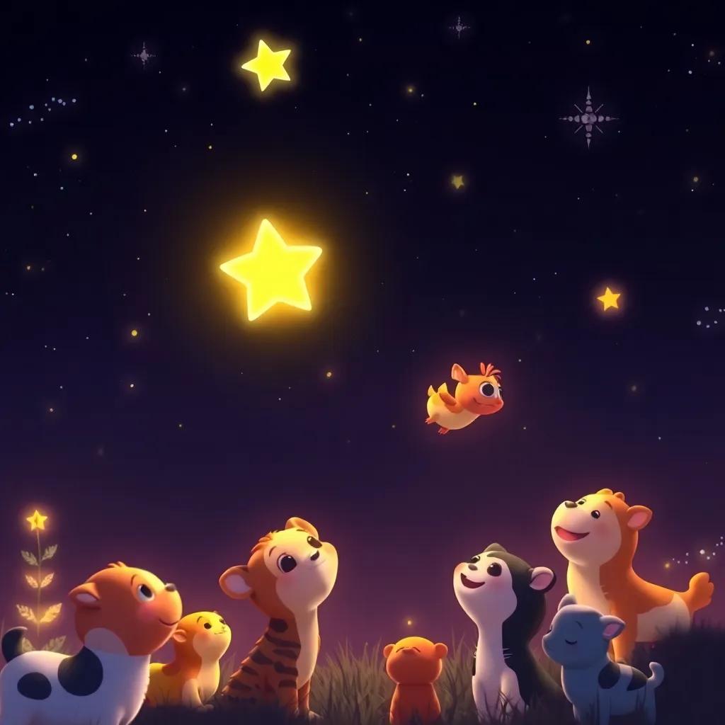 Lila, the bright little star glowing happily in a dark sky, with animals below feeling grateful and looking up at her, warm lights, cheerful and heartwarming atmosphere, vibrant colors, high quality, heartwarming scene