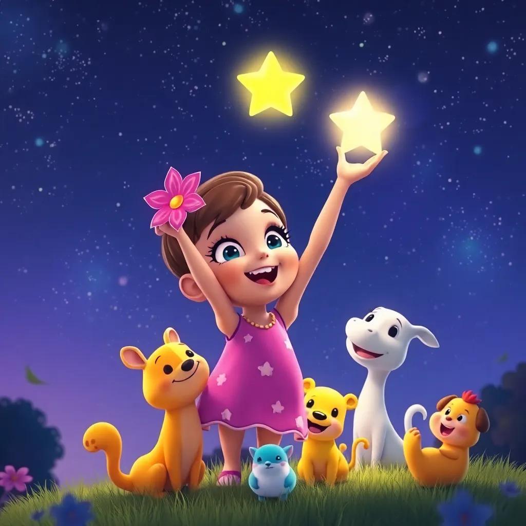 Lila, a small shining star, high in the night sky with a glowing aura, celebrating her true purpose with animals around, joyful and magical night scene, bright and cheerful colors, inviting atmosphere, high quality