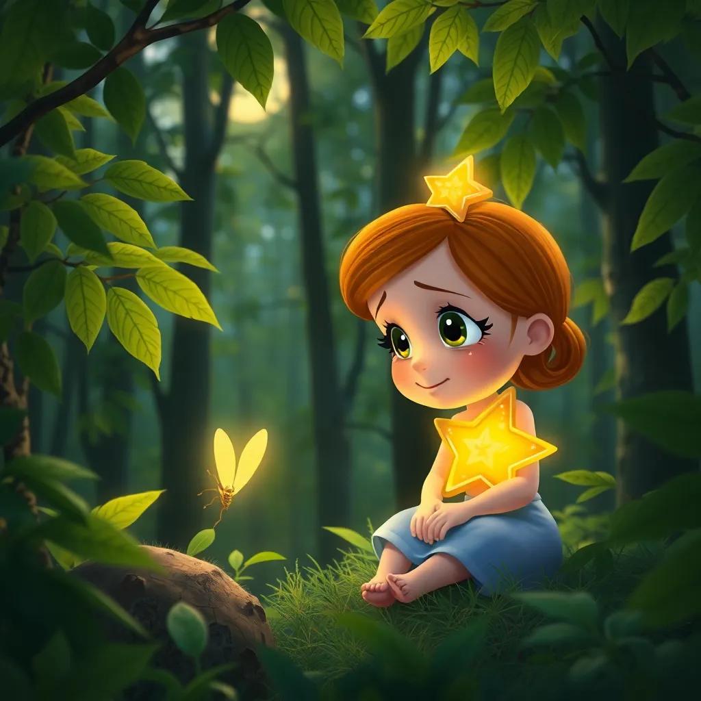 Lila, the little star, with a shimmering golden light, gazing down at a teary firefly in a lush green forest, moonlight filtering through the leaves, magical and cozy, child-friendly