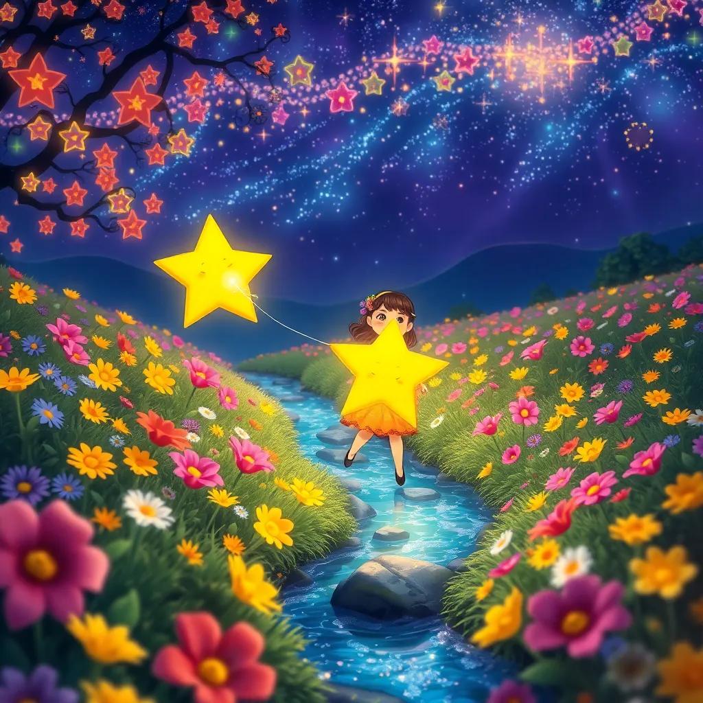 Lila, the little star, guiding the firefly through colorful flower fields and sparkling streams, surrounded by whimsical night scenery, vibrant colors, enchanting and inviting, fantasy style
