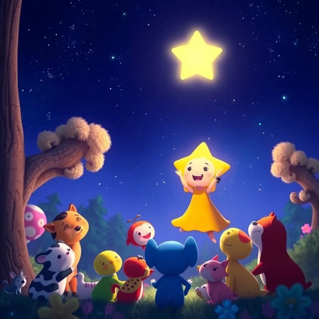 Lila, the little star, shining brightly as a beacon in the night sky, with all her forest friends gathered below, joy and friendship in the air, colorful, uplifting, heartwarming