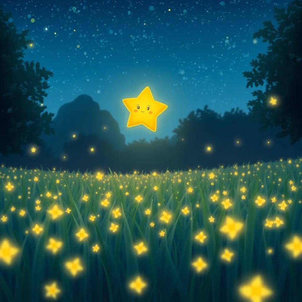 Lila, the small star, landing in a beautiful field at night surrounded by dancing fireflies, all glowing brightly, illustration, enchanting, child-friendly