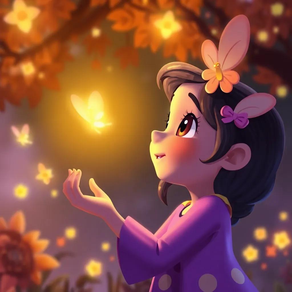Lila talking to the fireflies, learning the importance of being unique, with a friendly and colorful background, digital art, warm tones, detailed