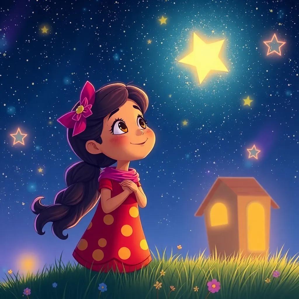 Lila returning to her home in the starry sky, comforting other dim stars and singing, uplifting atmosphere, vibrant colors, illustration