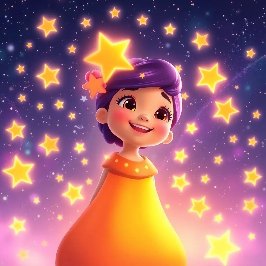 Lila, now shining brightly, surrounded by joyfully radiant stars, filling the night sky with music and light, colorful, heartwarming, digital art
