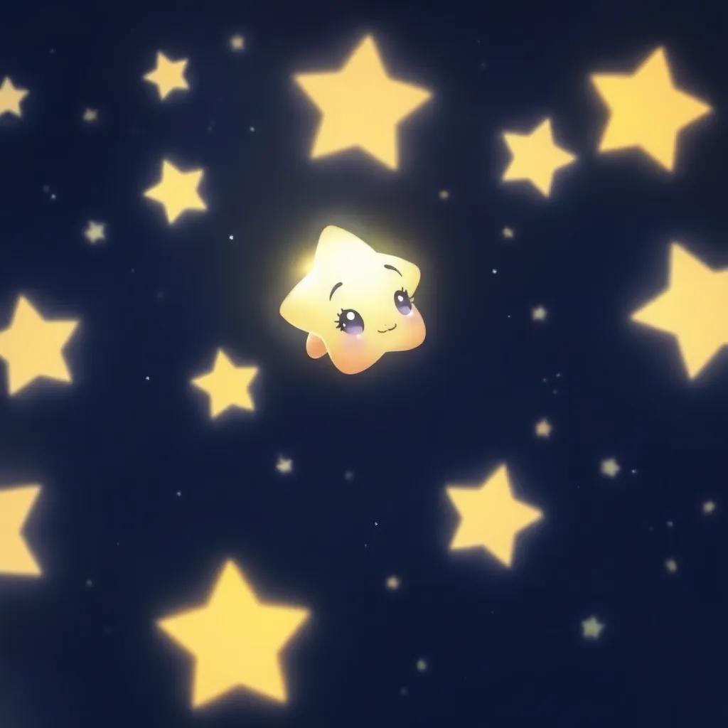 A little star named Lila, who has a soft glow, surrounded by bright stars in a dark sky, feeling a bit unsure and looking at the others with yearning, digital painting, dreamy atmosphere, soft pastel colors, whimsical perspective, high quality
