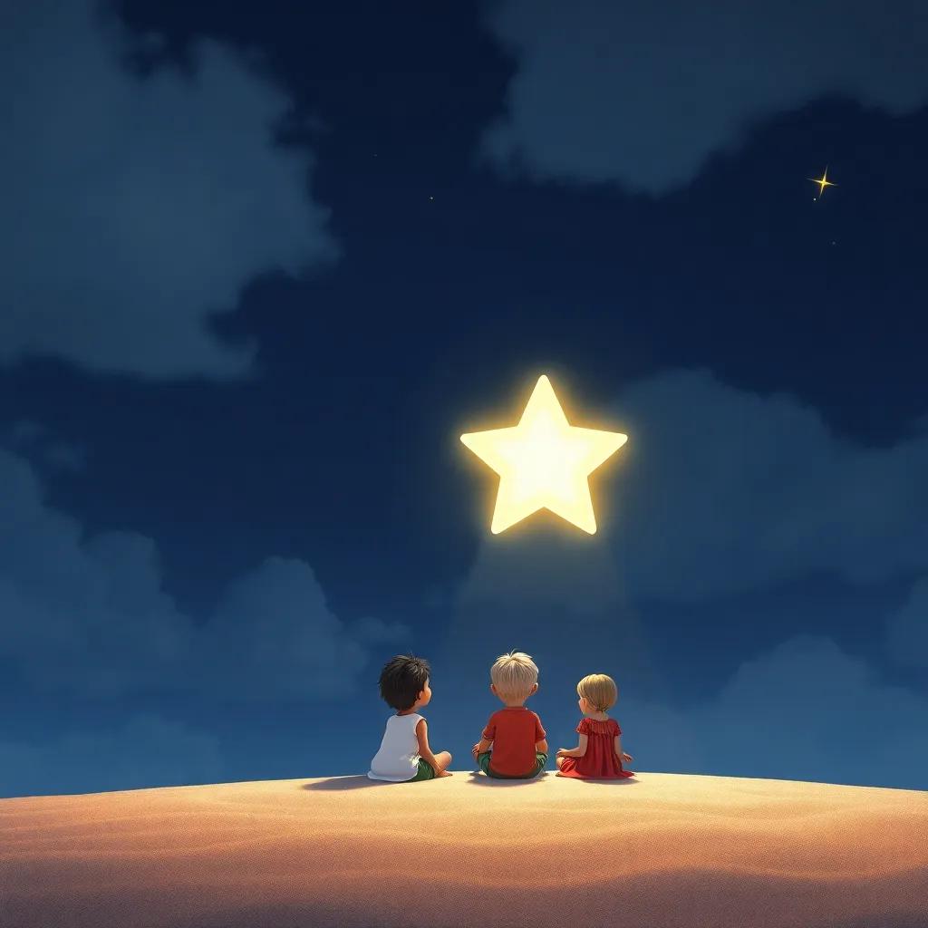Lila the star, glowing softly like a lighthouse, guiding a group of children seated on the sand beneath her, in a peaceful night under a cloudy sky, digital art, contrasting light and dark, symbol of hope and friendship, storytelling ambiance, high resolution