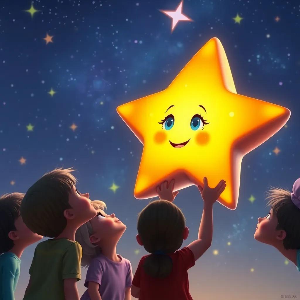 Lila the star illuminated confidently, blending beautifully with the other stars in the sky, as children gaze up in awe, sharing joy and happiness, dreamy atmosphere, colorful and bright, uplifting perspective, high detail