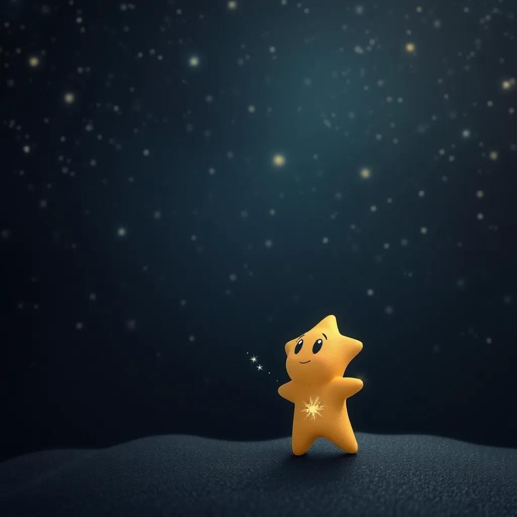 A small star, a little shiny star with big sparkling eyes, gazing longingly at the larger stars in the sky, a dark night full of stars, whimsical style, digital art, twinkling starry atmosphere, high quality