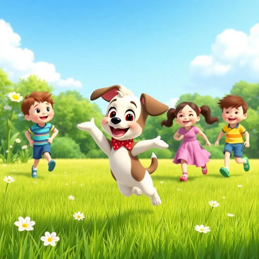 Lila the puppy practicing in the park, jumping and running with children laughing, green grass, flowers blooming, a bright blue sky above, joyful and energetic mood, illustration, playful, child-friendly