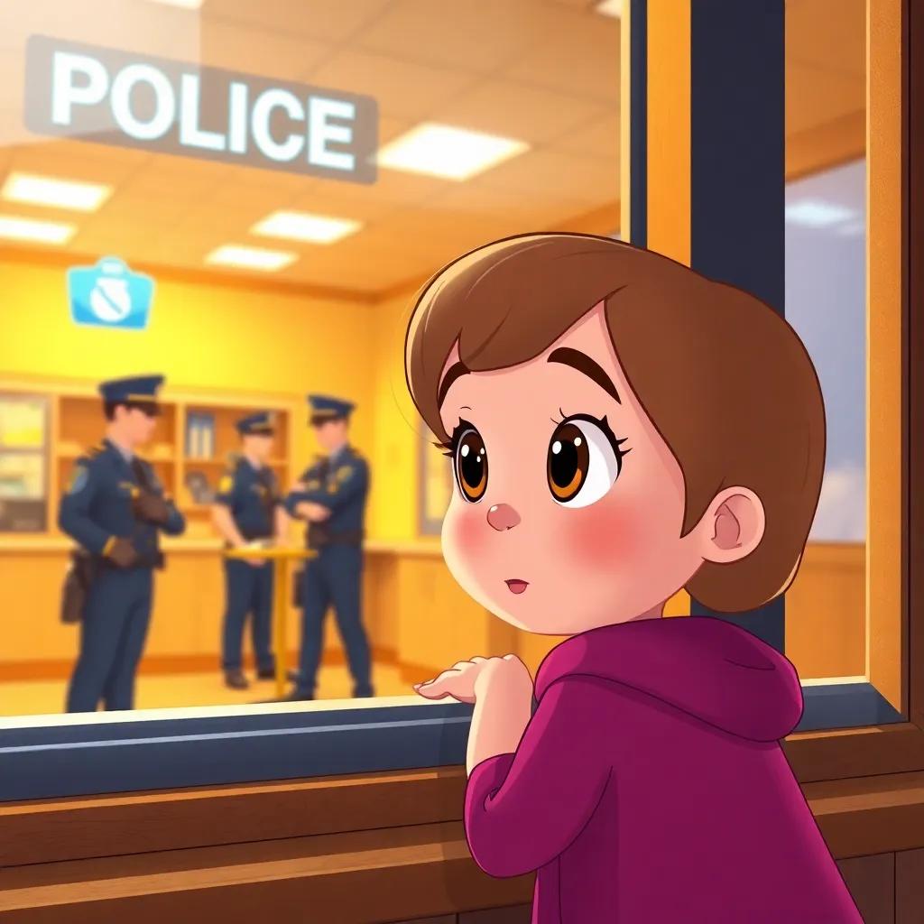 Lila looking through the police station window, curious eyes, police officers working inside, warm and inviting interior, bright lights, illustration, friendly, inspiring atmosphere, high quality