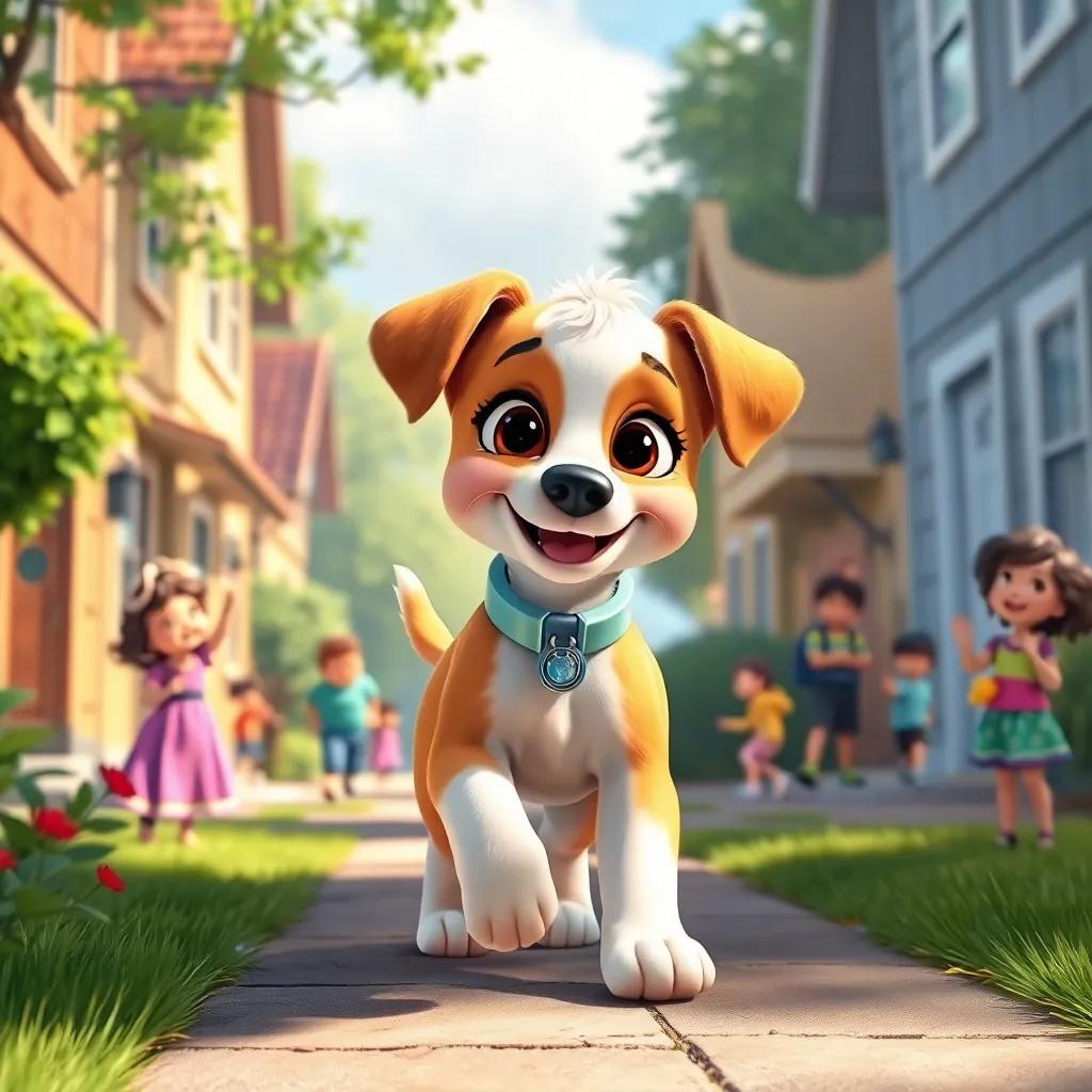 Lila the puppy walking proudly around her neighborhood, collar shining in the sunlight, children playing and waving at her, feeling of community and joy, detailed digital art, colorful and uplifting