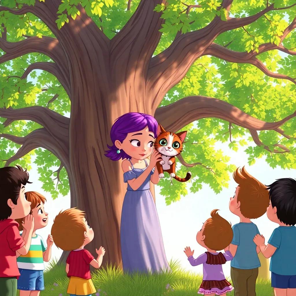 Lila rescuing the scared cat from a tree, surrounded by children cheering her on, a big oak tree with green leaves, Lila offering comfort to the cat, heartwarming scene, bright sunny day, illustration, emotional, vibrant