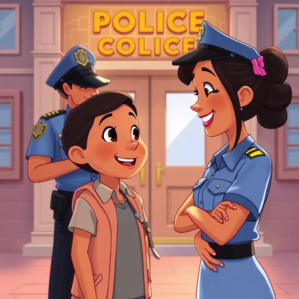 Lila meeting Officer Pérez, who is laughing and encouraging her, in front of the police station, warm and positive, Lila looking happy and proud, illustration, engaging and inspirational
