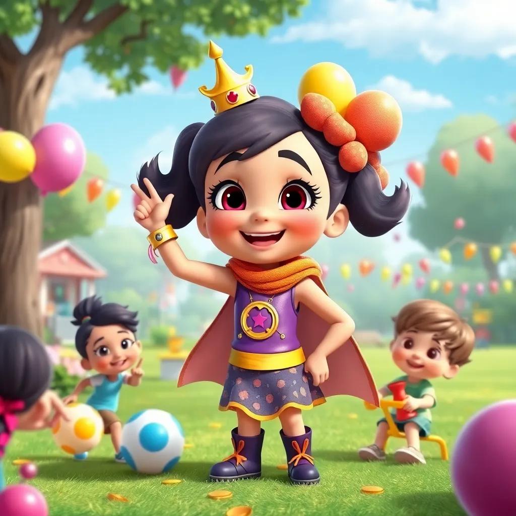Lila celebrating her title of neighborhood hero, organizing a fun day in the park with children playing games, colorful balloons and decorations, joyful and festive atmosphere, detailed digital art, cheerful, high quality