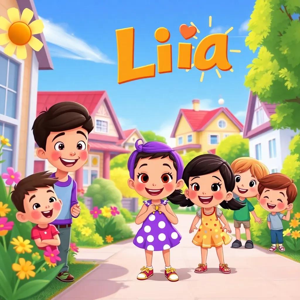 Lila continuing her adventures, helping her friends in the neighborhood, smiling faces of children and adults, sunny neighborhood with flowers and trees, heartwarming and vibrant, illustration, engaging and uplifting