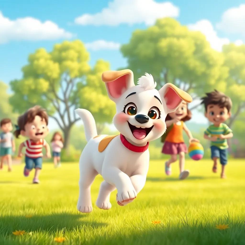 Lila the puppy enjoying a beautiful day, running in the park with her tail wagging, kids playing and smiling, bright colors and a clear blue sky, joyful and engaging scene, illustration, heartwarming vibe