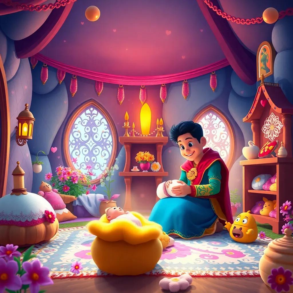 A beautiful kingdom filled with love and joy, with a scene showing Carol and Jose, two noble hearts, preparing a cozy nursery for their baby, vibrant colors, enchanting atmosphere, warm light, storytelling view, digital art