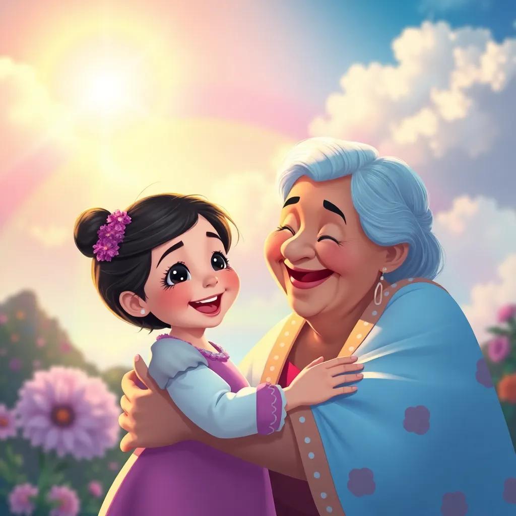A magical scene depicting little María José, with bright eyes and laughter, surrounded by a rainbow in the sky, her grandma hugging her lovingly with a joyful smile, colorful and cheerful, illustration, heartwarming atmosphere, high quality