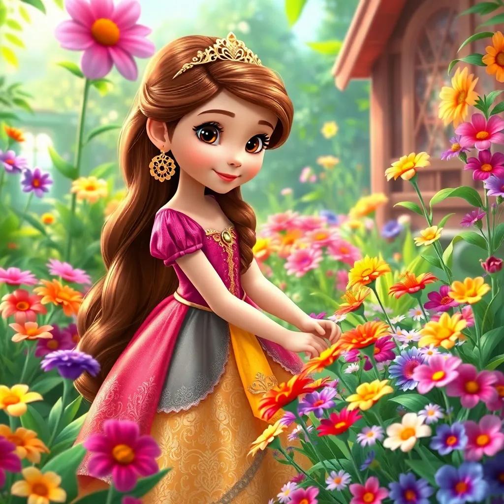 A young princess, Clara, with long brown hair wearing a colorful gown, tending to her magical garden full of vibrant flowers, lush greenery, bright and cheerful atmosphere, digital art, detailed, colorful, fairy tale setting