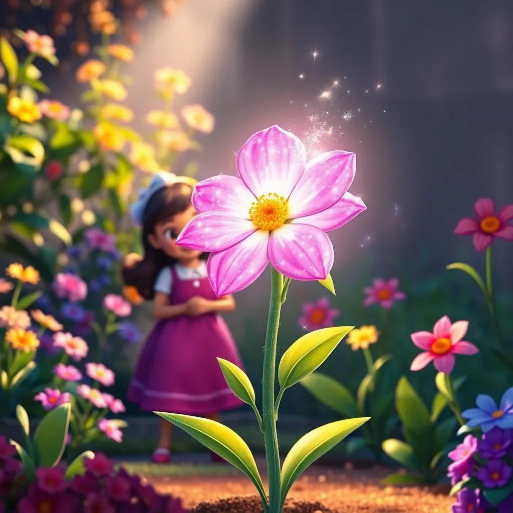 A sparkling flower named Rosalía, glowing with bright colors, standing proudly in front of Clara in her garden, soft sunlight illuminating the scene, vibrant hues, whimsical illustration, joyful and enchanting
